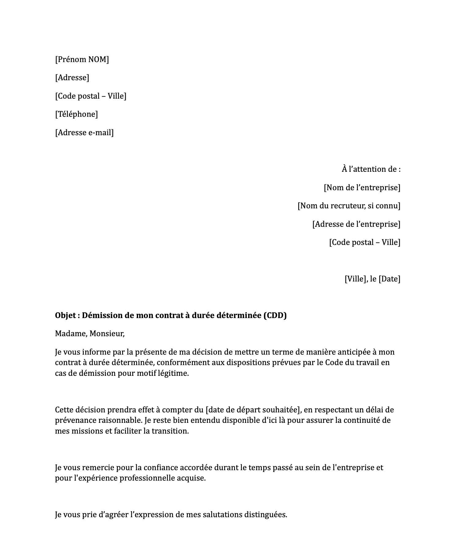 Preview de Lettre de démission CDD