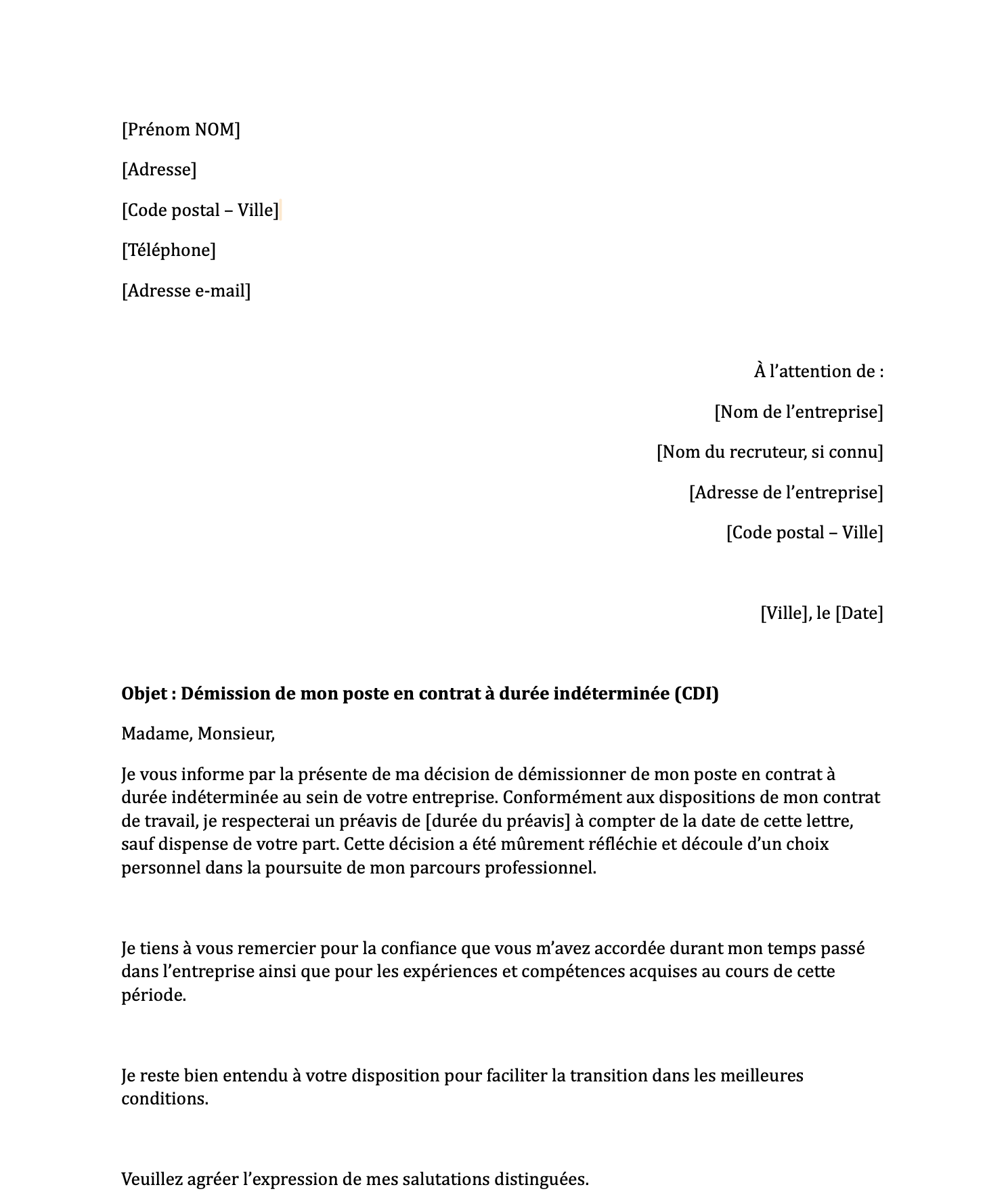 Preview de Lettre de démission CDI