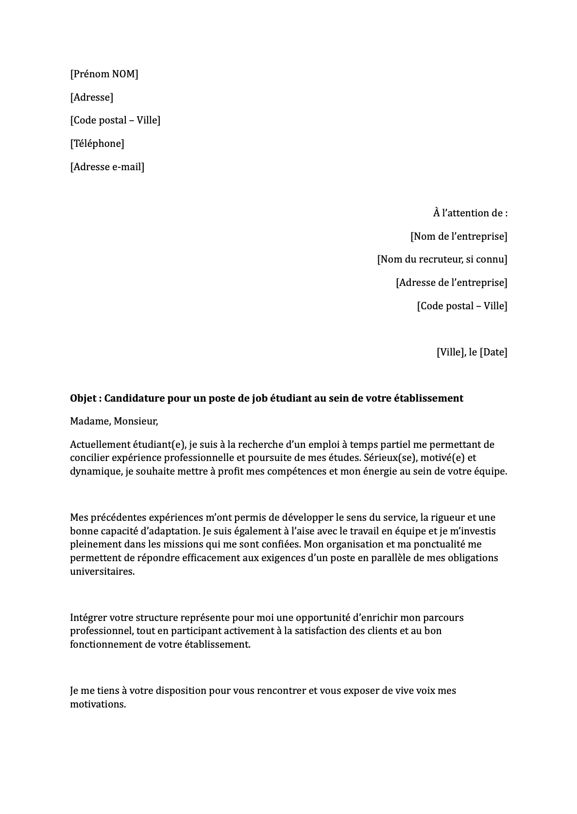 Preview de Lettre de motivation pour un job étudiant