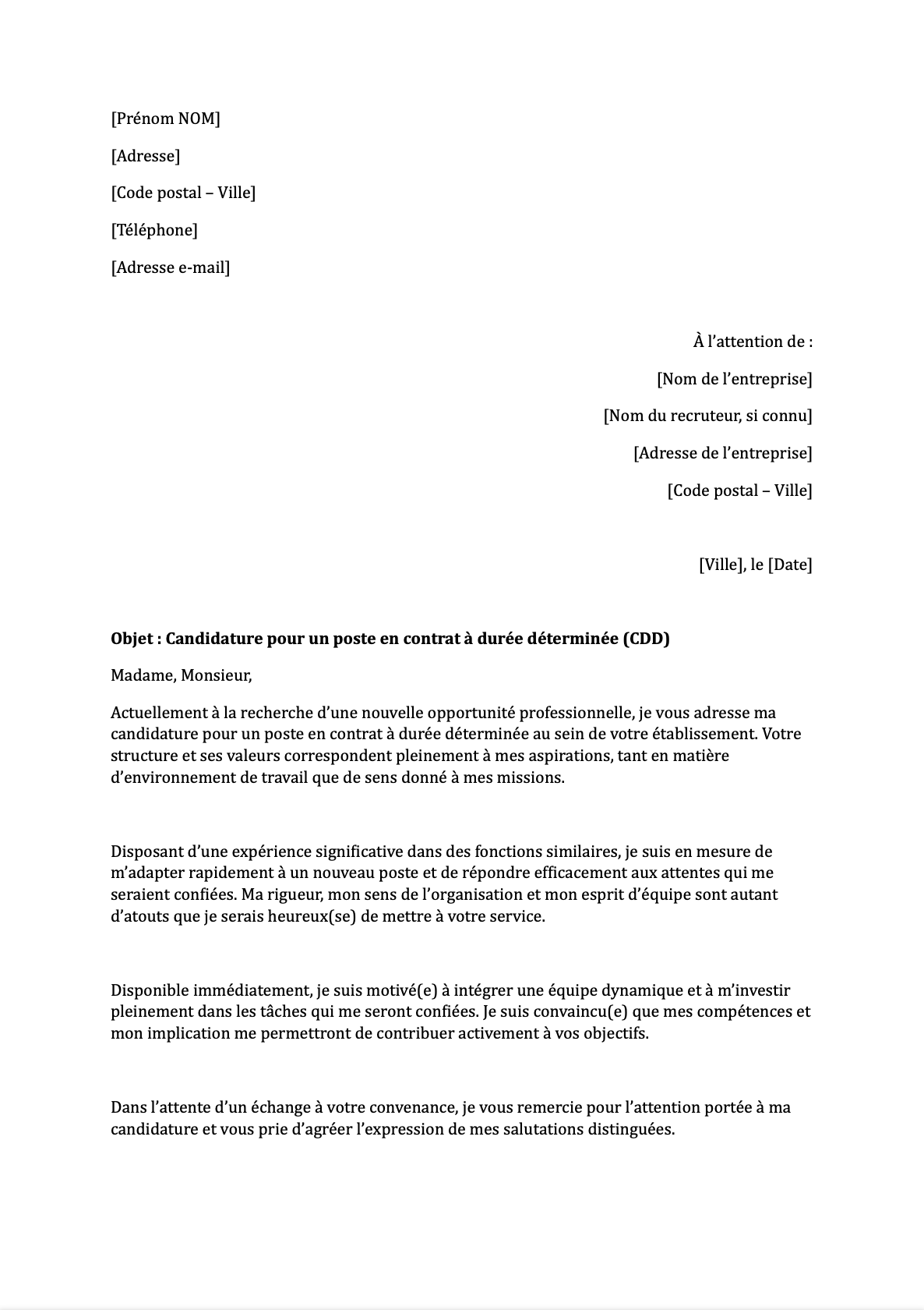 Preview de Lettre de motivation pour un poste en CDD
