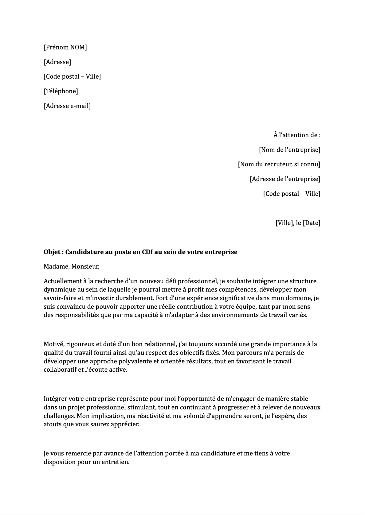 Preview de Lettre de motivation pour un poste en CDI