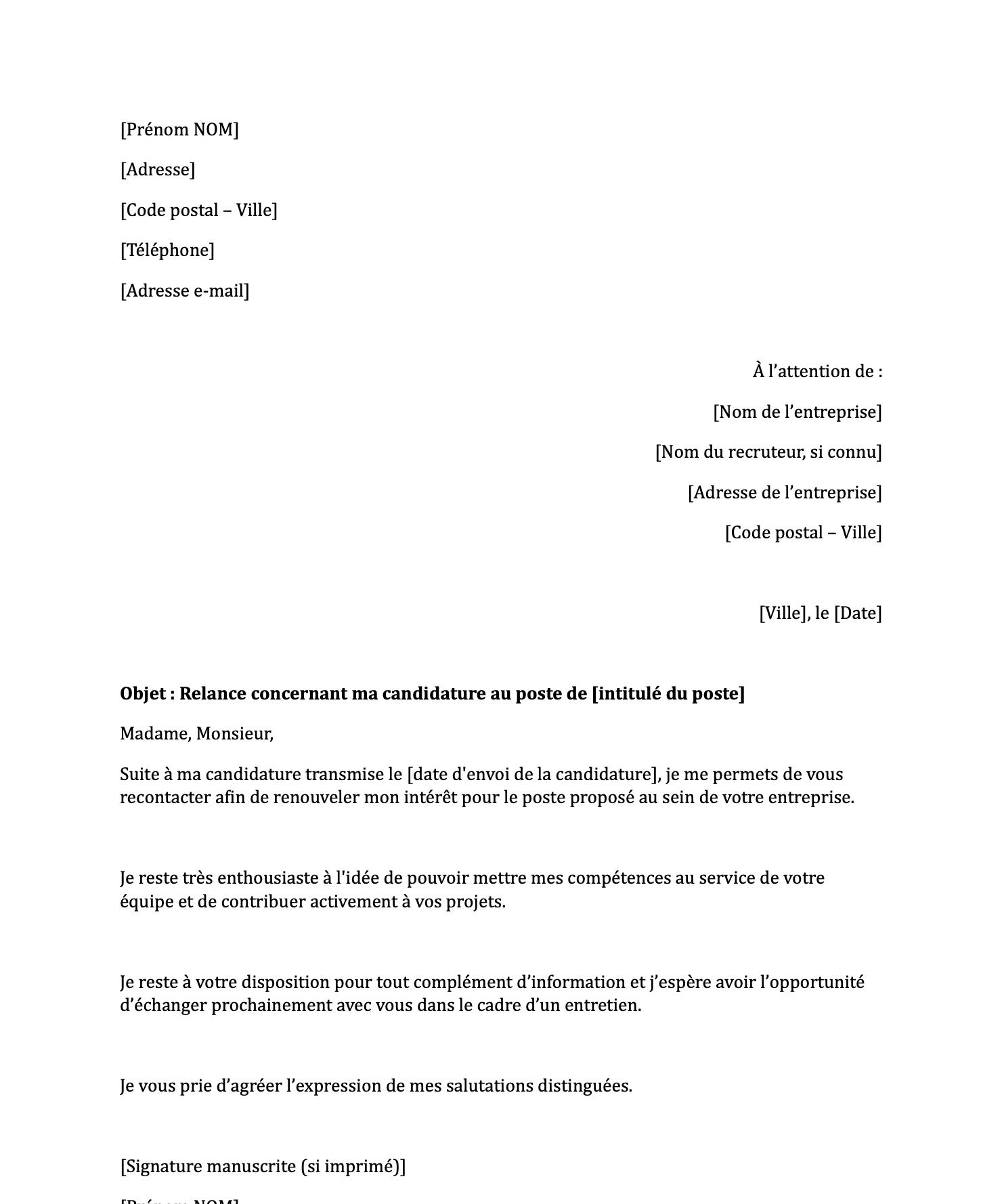 Preview de Lettre de relance après candidature